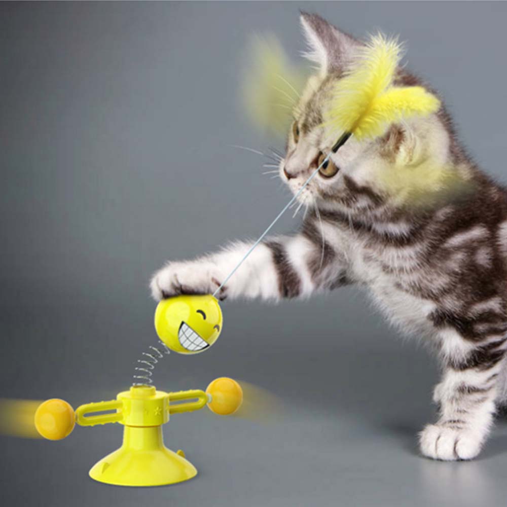 Katze beobachtet und jagt bewegliche Spielzeugelemente