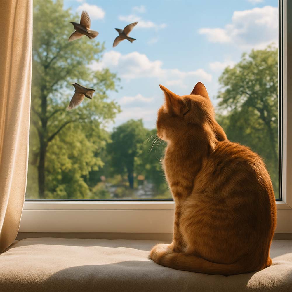 Katze mit interaktivem Vogelspielzeug im Wohnzimmer