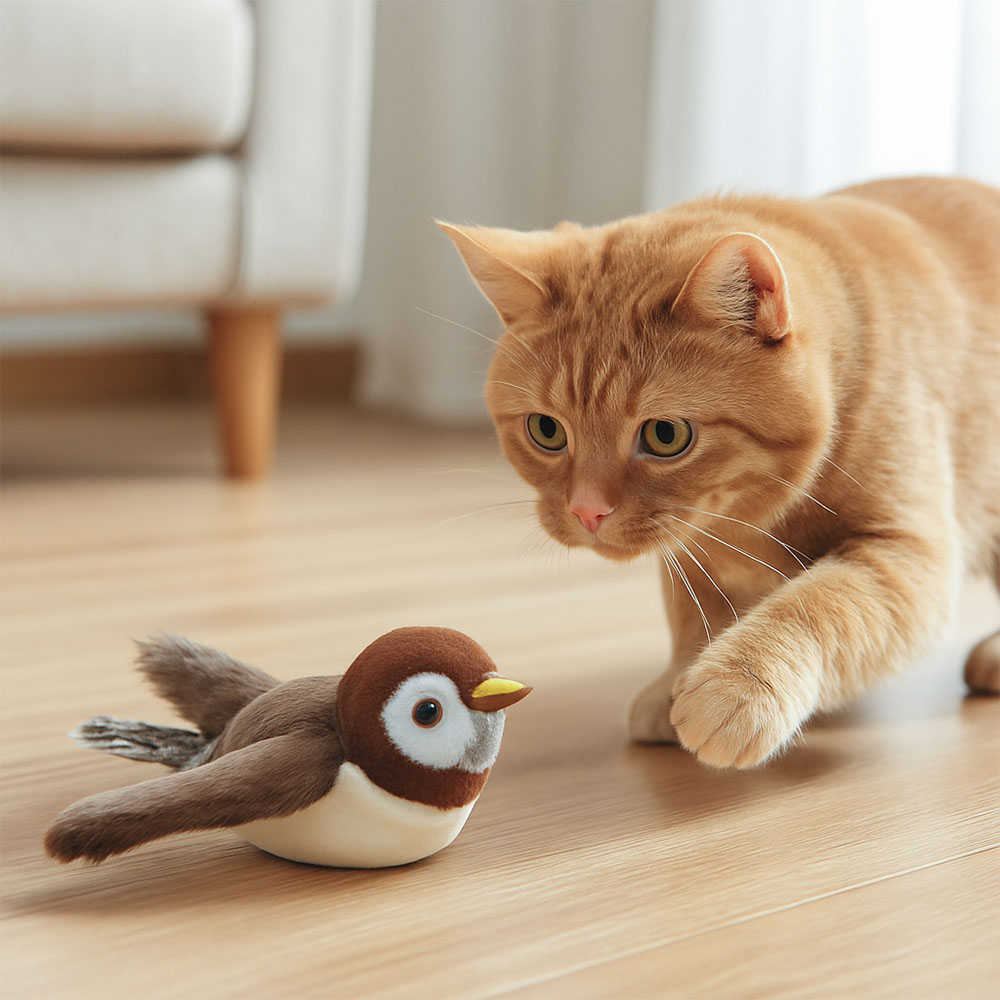 Katze jagt einen flatternden Spielvogel