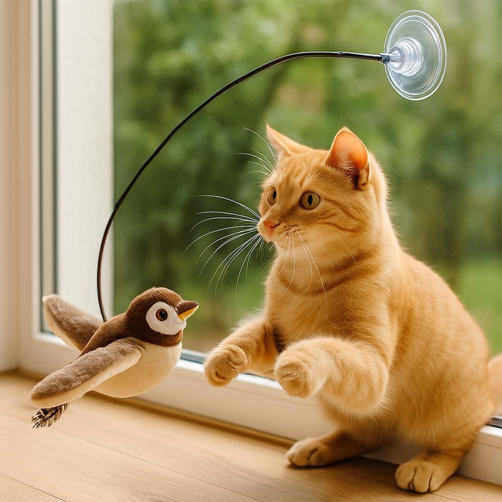 Katzenangel mit flatterndem Vogel für die Jagd in der Luft