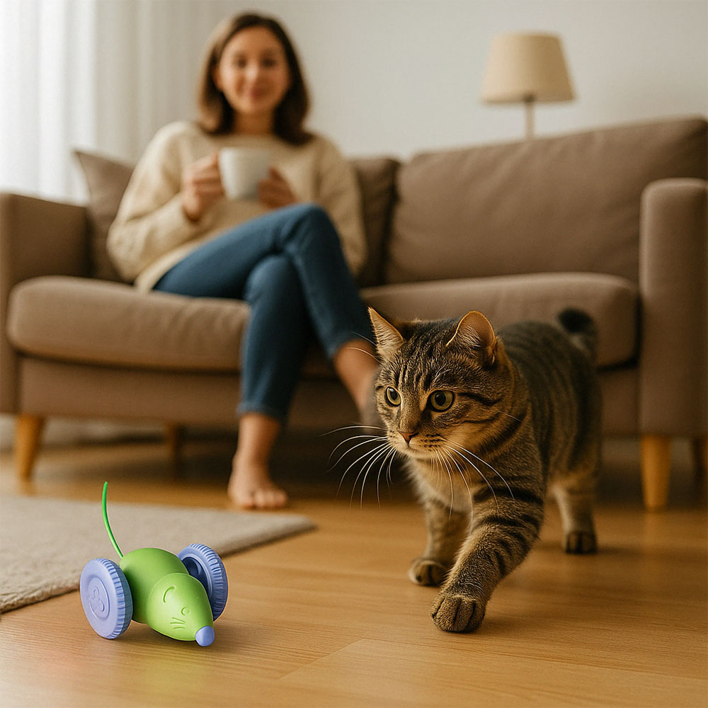 Selbstständig fahrendes Katzenspielzeug im Einsatz