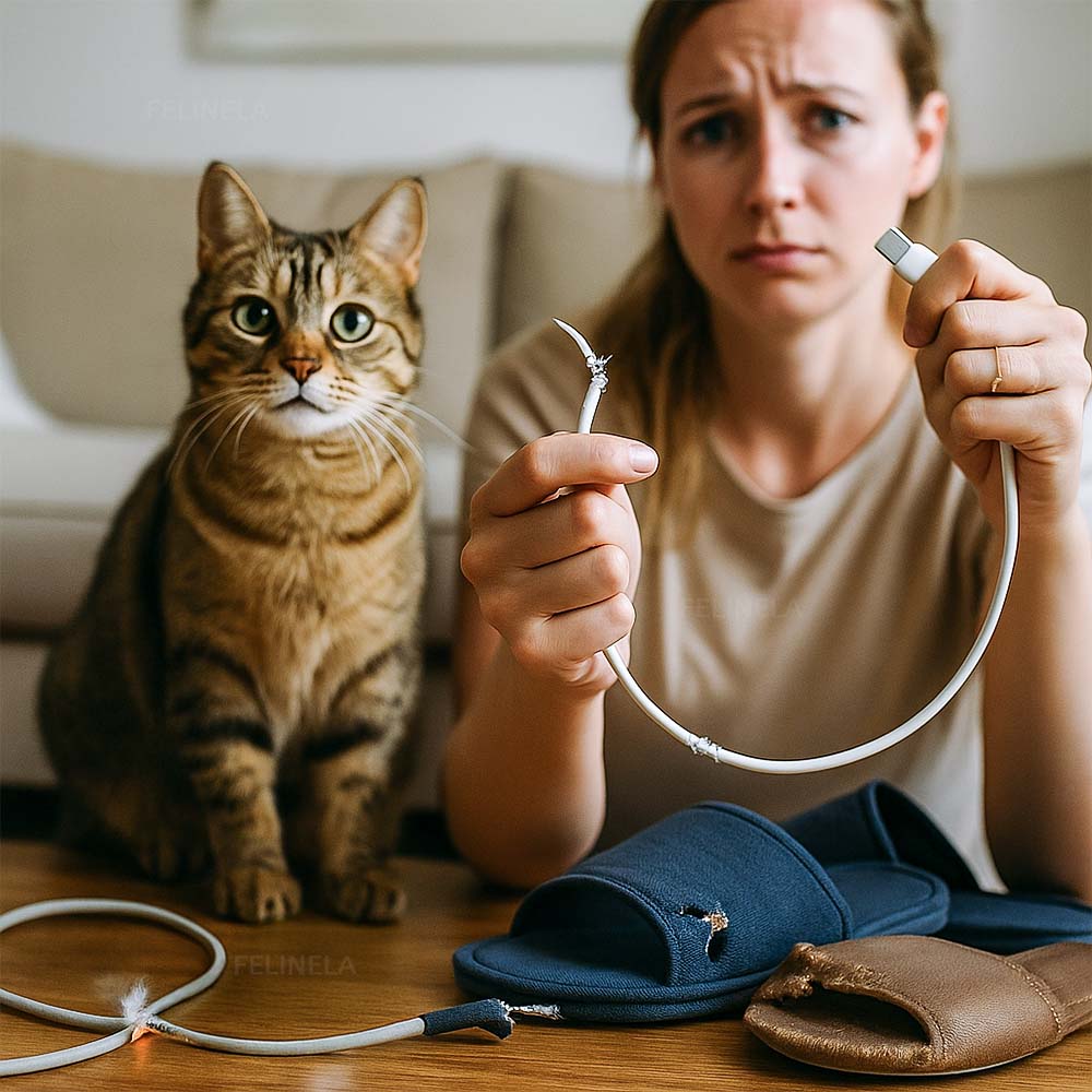 Katze mit Kau-Seil als Alternative zu Kabeln und Hausschuhen