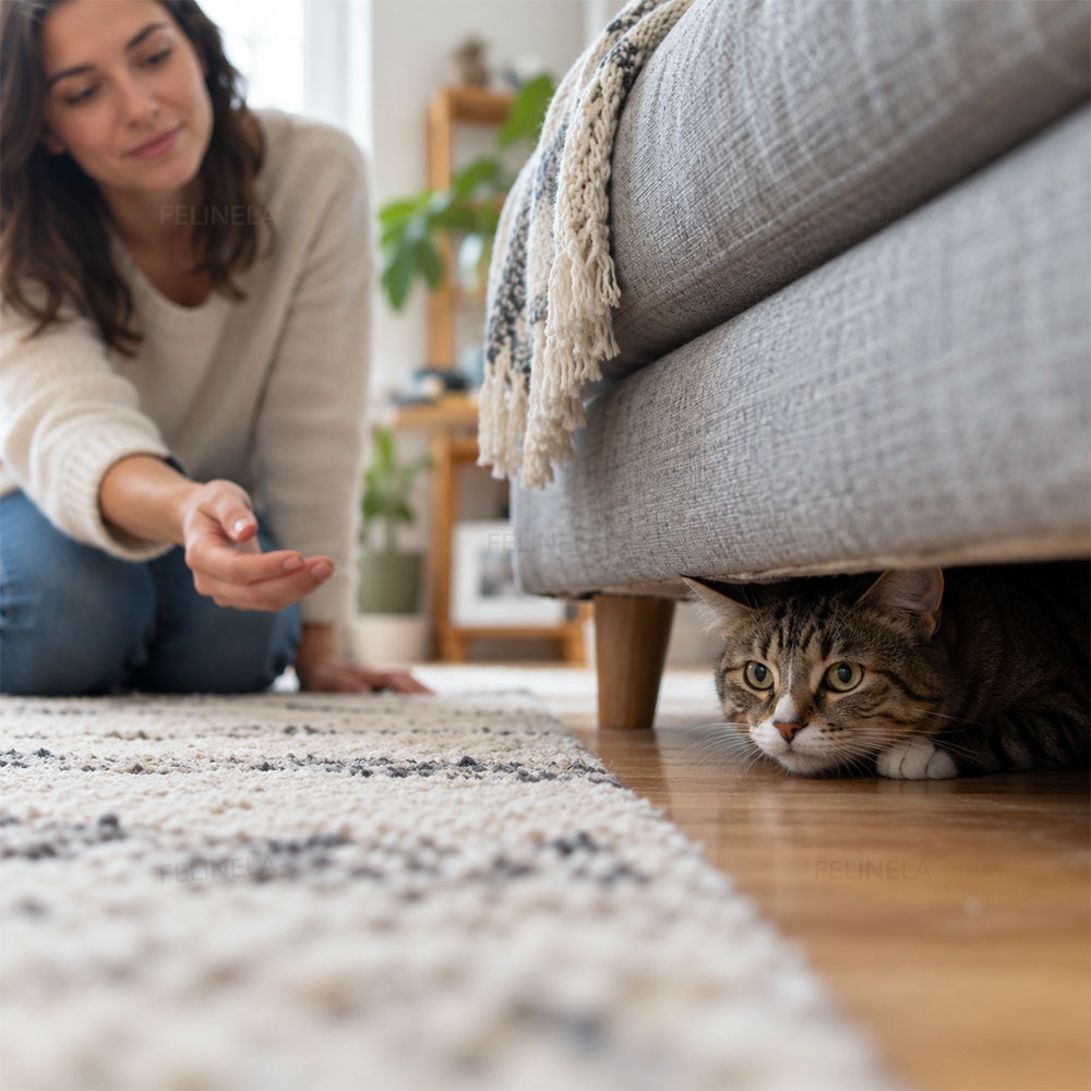 Eine Frau streckt einer Katze die Hand entgegen, die sich unter dem Sofa versteckt