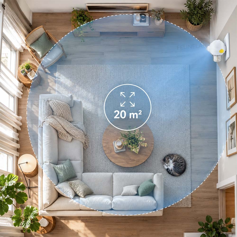 Wohnzimmer von oben mit markiertem Wirkungsbereich des Verdampfers von bis zu 20 m²