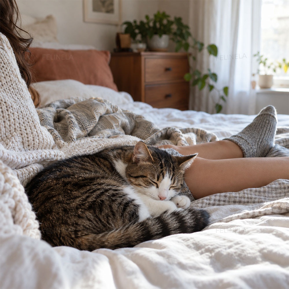 Eine Katze schläft auf dem Bett neben den Beinen ihrer Halterin