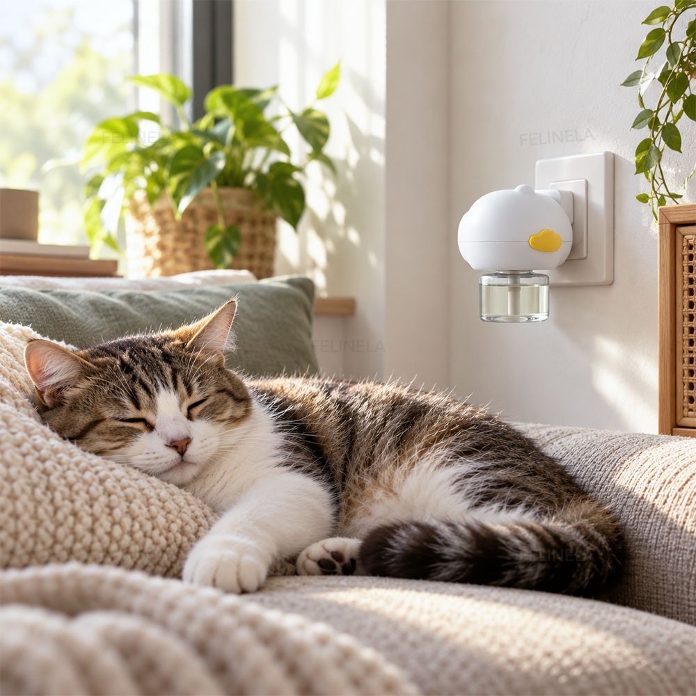 Eine entspannte Katze schläft auf dem Sofa, dahinter steckt ein Pheromonverdampfer in der Steckdose
