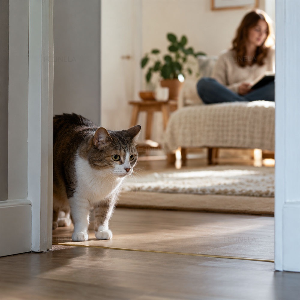 Eine Katze steht vorsichtig in der Zimmertür, im Hintergrund sitzt eine Frau mit einem Buch