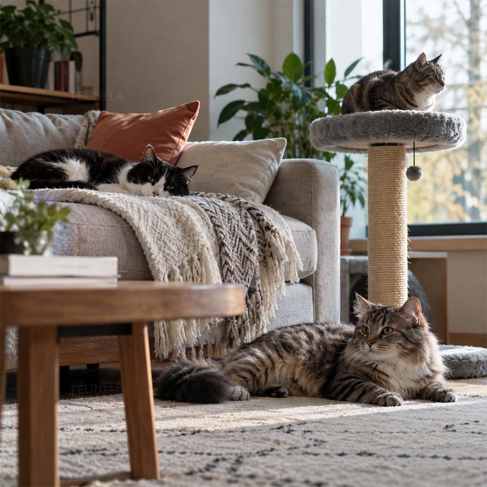 Mehrere Katzen ruhen im Wohnzimmer auf dem Sofa, dem Kratzbaum und dem Teppich