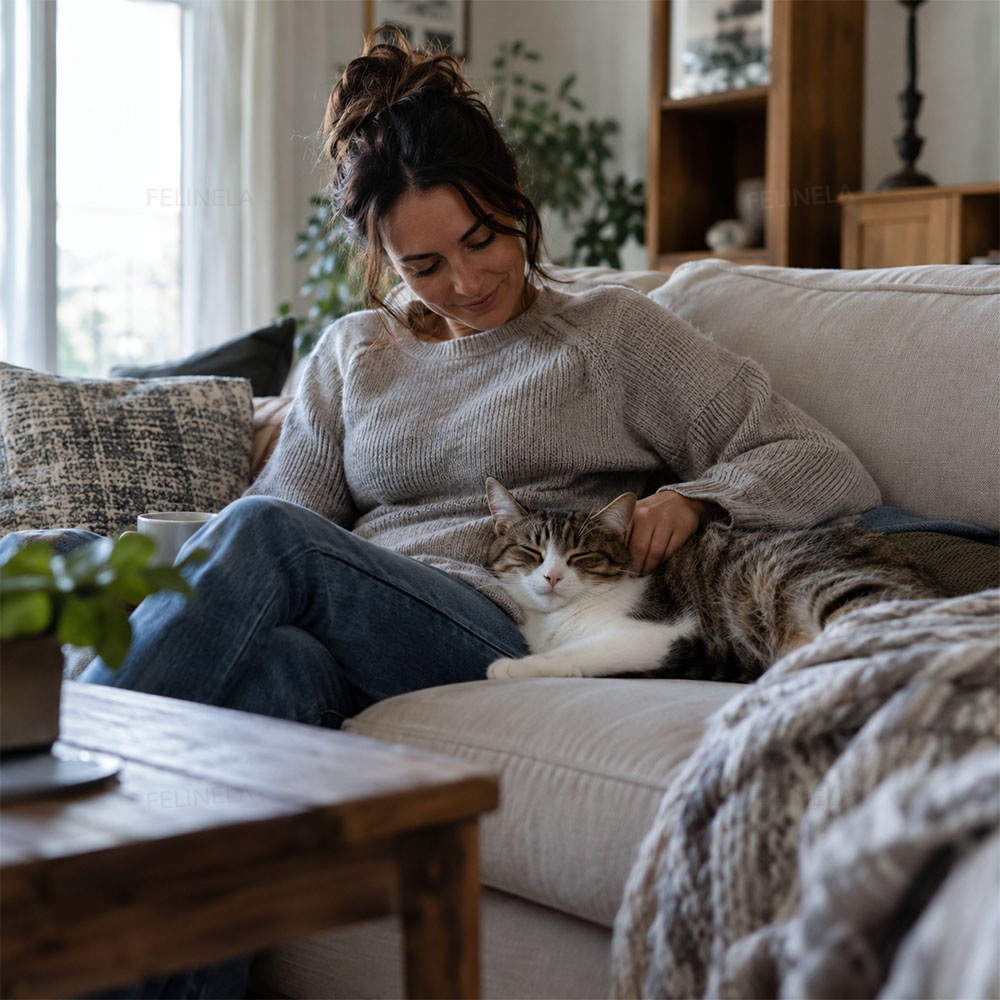 Eine Frau sitzt auf dem Sofa und streichelt die Katze neben sich