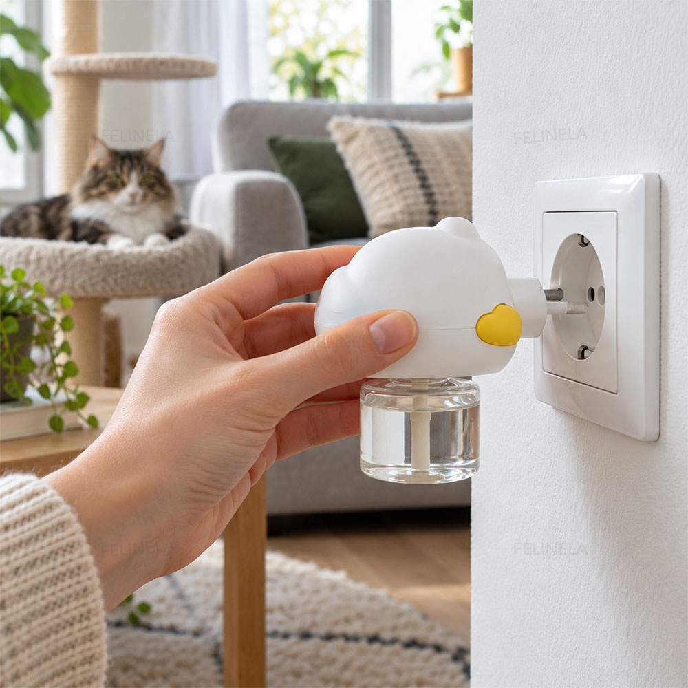 Eine Hand steckt den Pheromonverdampfer in eine Steckdose, während eine Katze im Zimmer sitzt