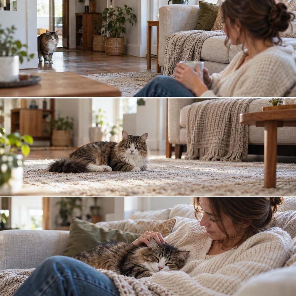 Drei Aufnahmen einer entspannten Katze zu Hause mit ihrer Halterin