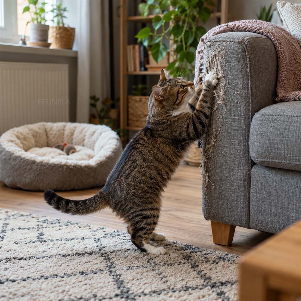 Katze kratzt an einer Sofaecke, im Hintergrund steht ein geflochtener Katzenkorb