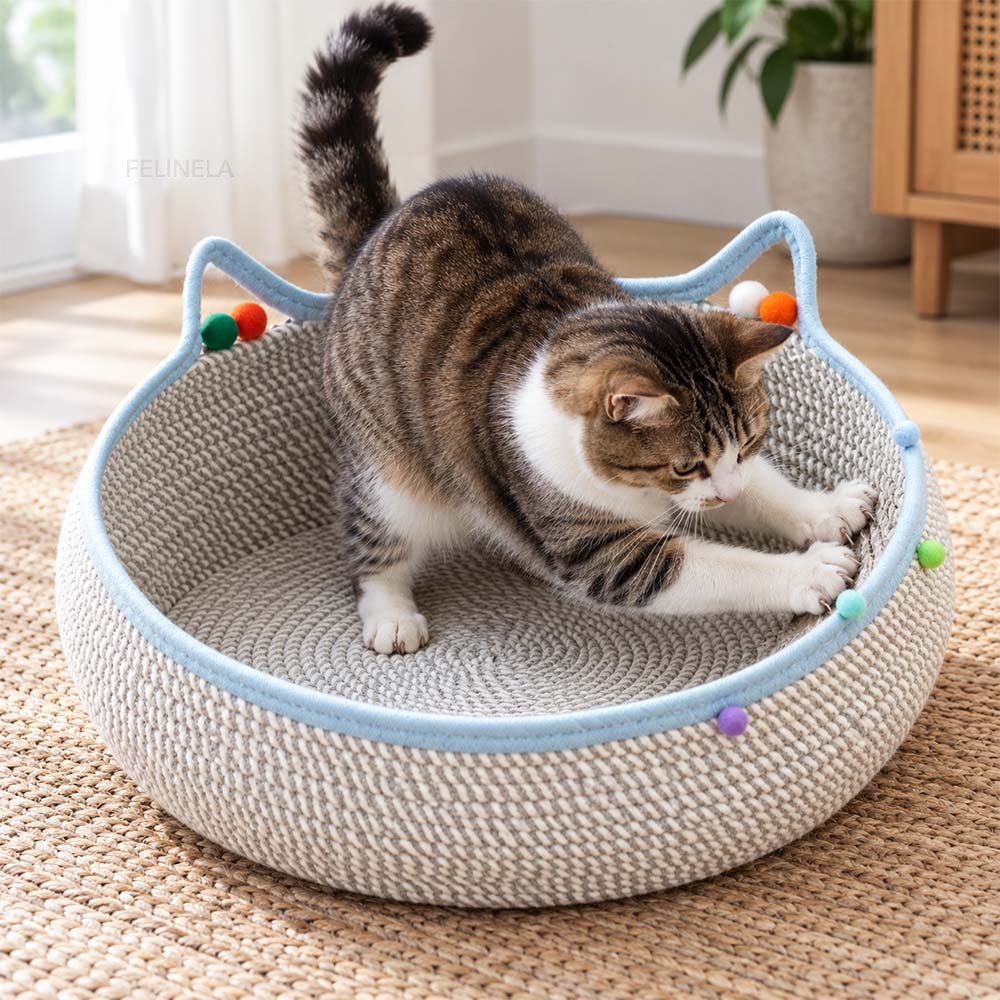 Katze spielt im geflochtenen Katzenkorb und kratzt mit den Pfoten an der Innenseite