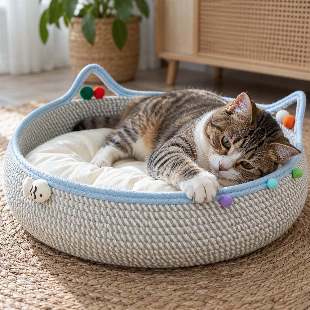 Katze ruht im geflochtenen Katzenkorb und legt eine Pfote auf den Rand