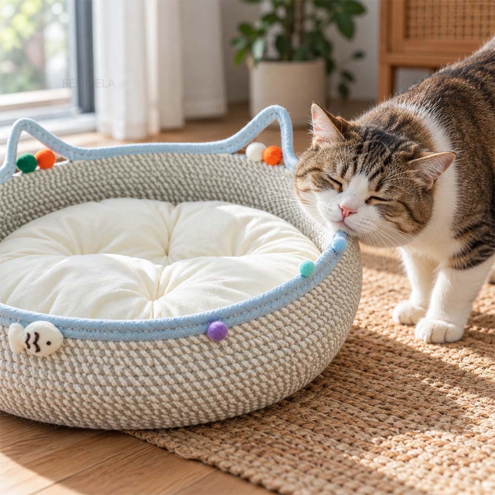 Katze reibt ihre Wange am Rand des geflochtenen Katzenkorbs