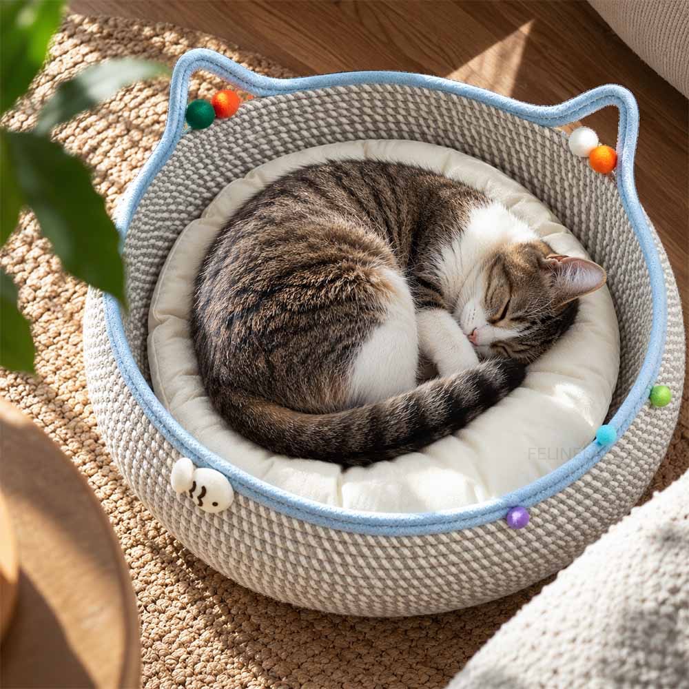 Katze schläft zusammengerollt im geflochtenen Katzenkorb