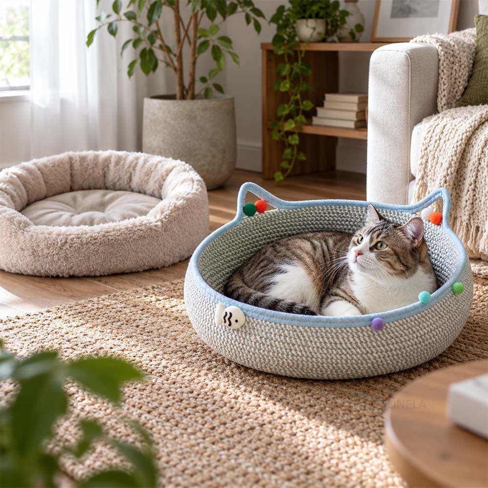 Katze sitzt im geflochtenen Katzenkorb, im Hintergrund liegt ein weiteres weiches Katzenbett