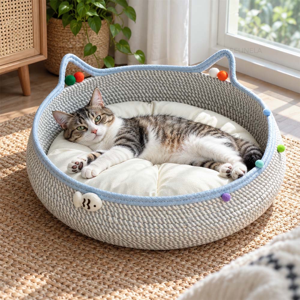 Katze liegt mit ausgestreckten Pfoten im geflochtenen Katzenkorb am Fenster