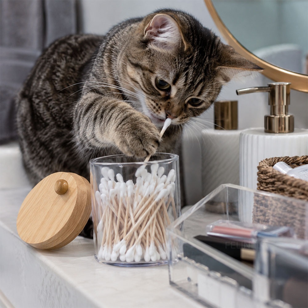 Eine Katze greift im Badezimmer mit der Pfote nach einem Wattestäbchen in einem Glas