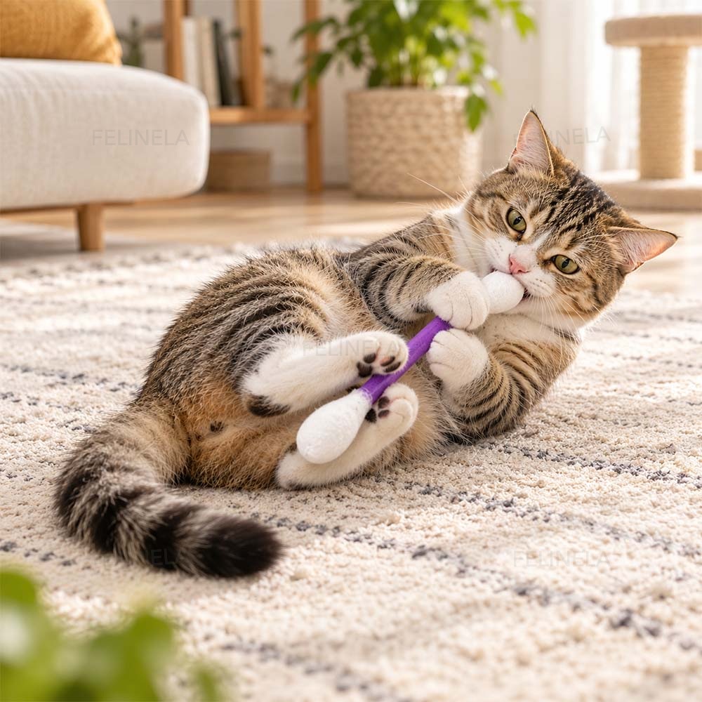 Eine Katze liegt auf dem Teppich und hält ein XXL-Spielstäbchen zwischen den Pfoten