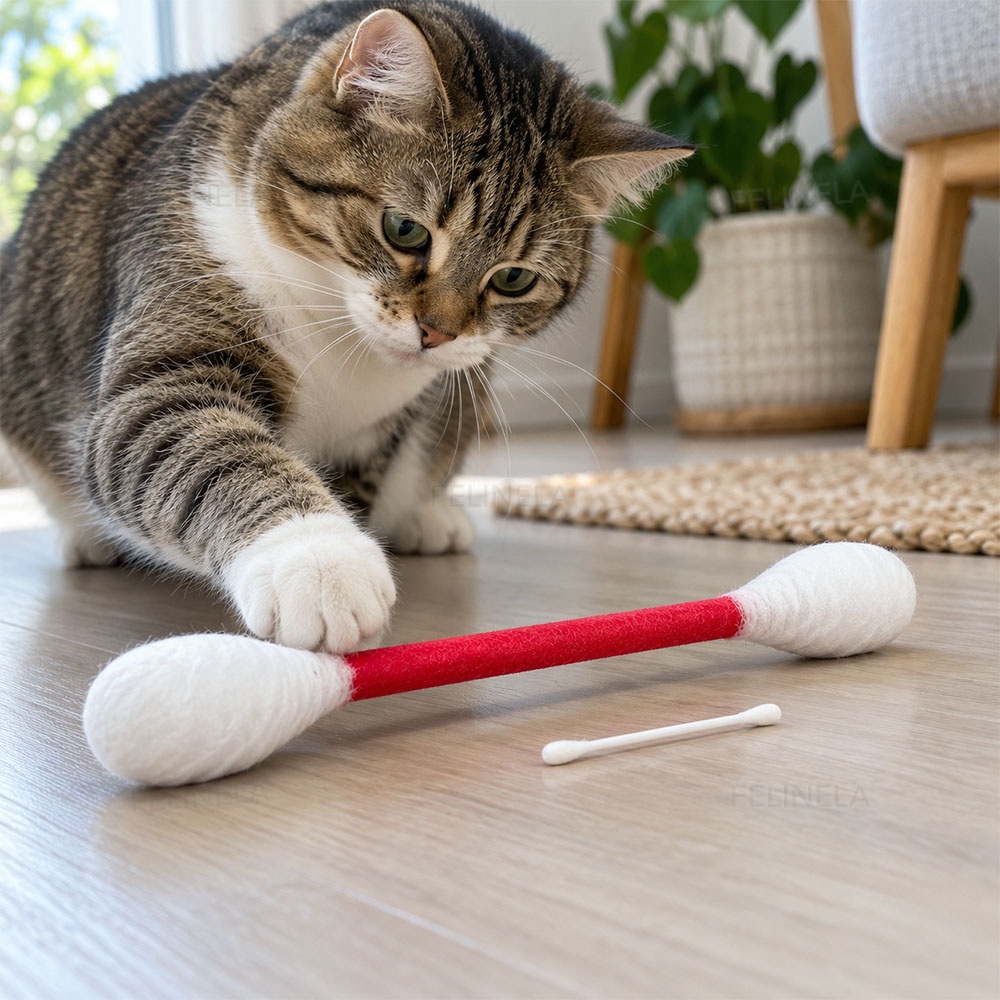 Eine Katze legt ihre Pfote auf ein großes rotes Spielstäbchen auf dem Boden