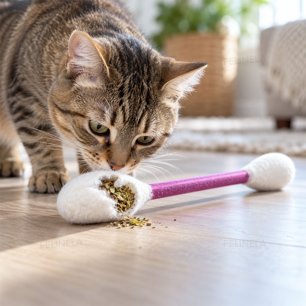 Eine Katze beschnuppert ein XXL-Spielstäbchen, aus dem Katzenminze herausgefallen ist