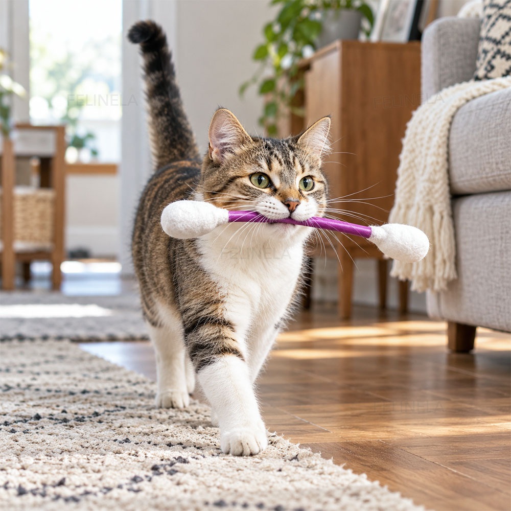 Eine Katze trägt ein XXL-Spielstäbchen im Maul durch das Wohnzimmer