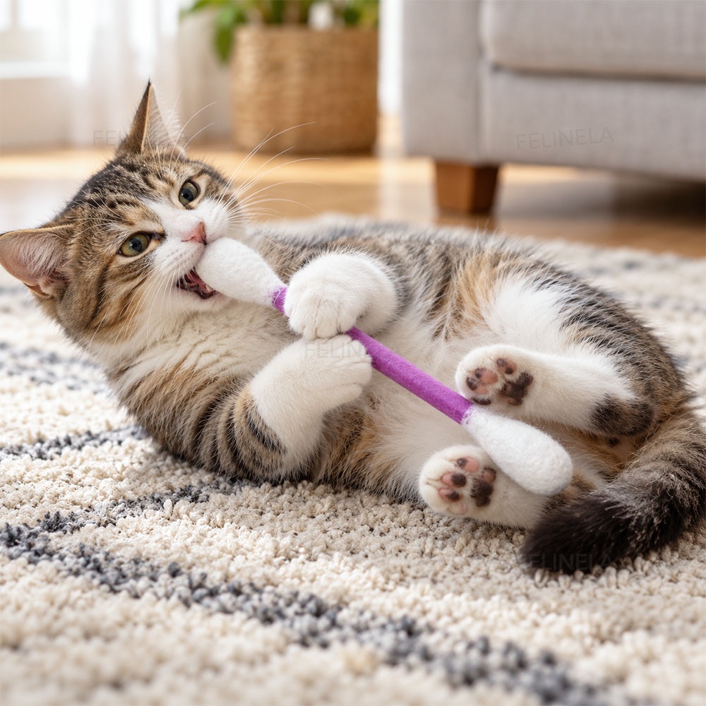 Eine Katze liegt auf dem Teppich und beknabbert ein violettes XXL-Spielstäbchen