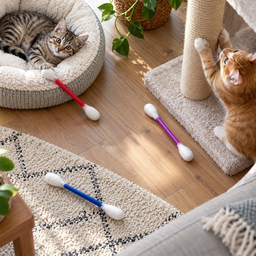 XXL-Spielstäbchen liegen im Zimmer verteilt, im Hintergrund ein Katzenbett und eine Katze am Kratzbaum