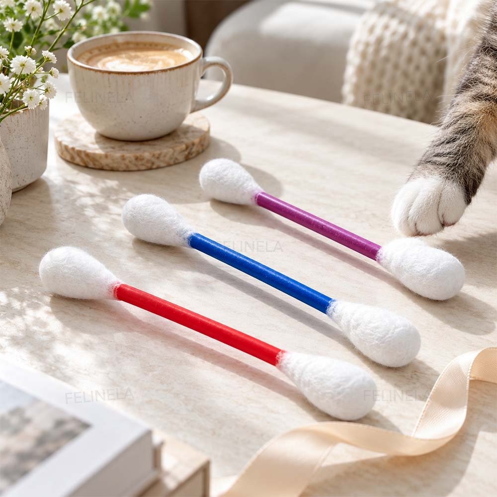 Drei XXL-Spielstäbchen auf einem Tisch neben einer Tasse und einem Geschenkband, daneben eine Katzenpfote