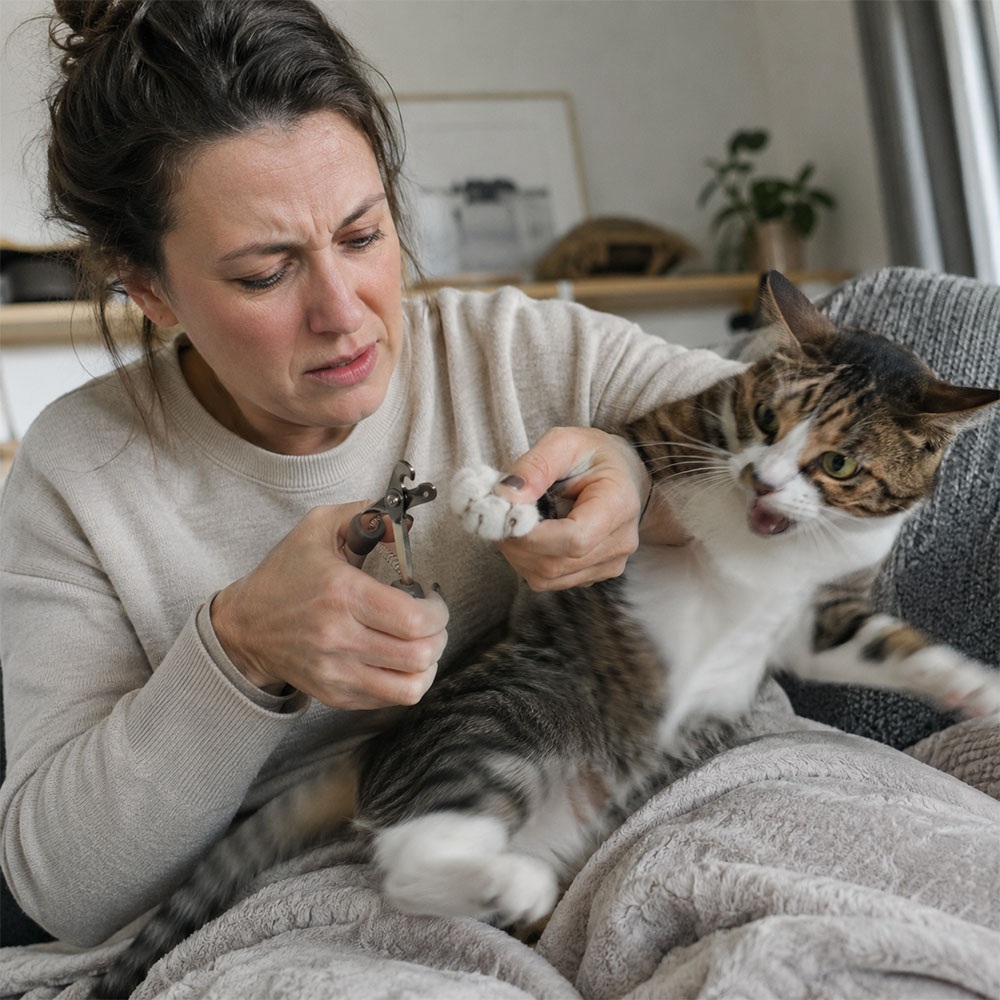 Eine Frau versucht, einer Katze die Krallen zu schneiden, während die Katze ihre Pfote wegzieht