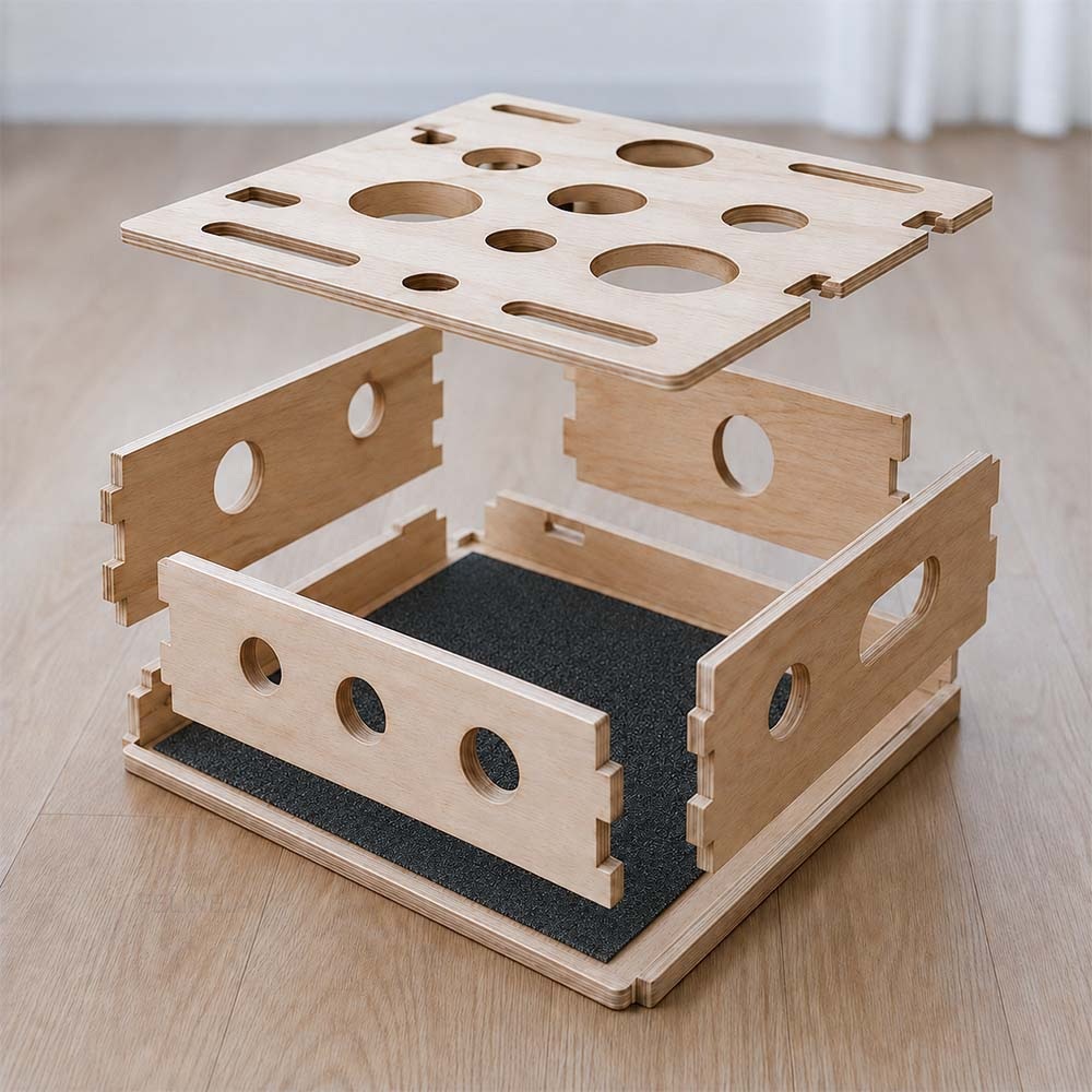 Einzelteile der Fummelbox aus Holz: Deckel mit Öffnungen, Seitenwände und schwarzer Schleifeinsatz