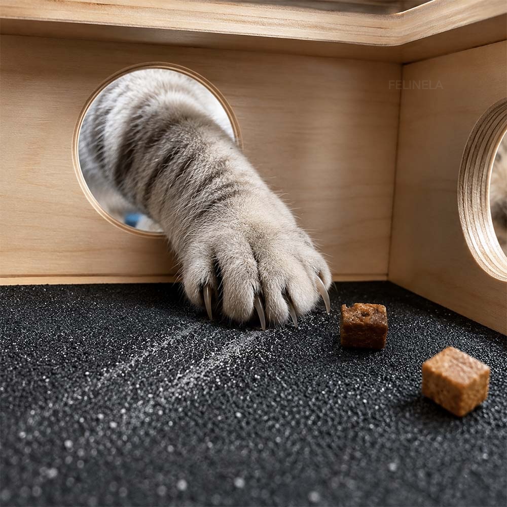 Eine Katzenpfote greift durch eine Öffnung der Fummelbox nach Leckerlis auf dem schwarzen Schleifeinsatz