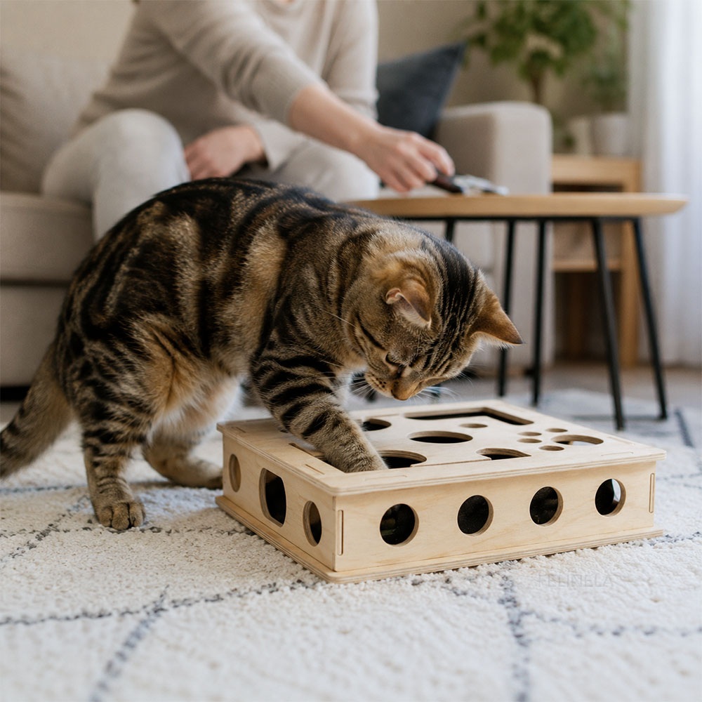 Eine Katze spielt auf dem Wohnzimmerteppich mit der Fummelbox aus Holz