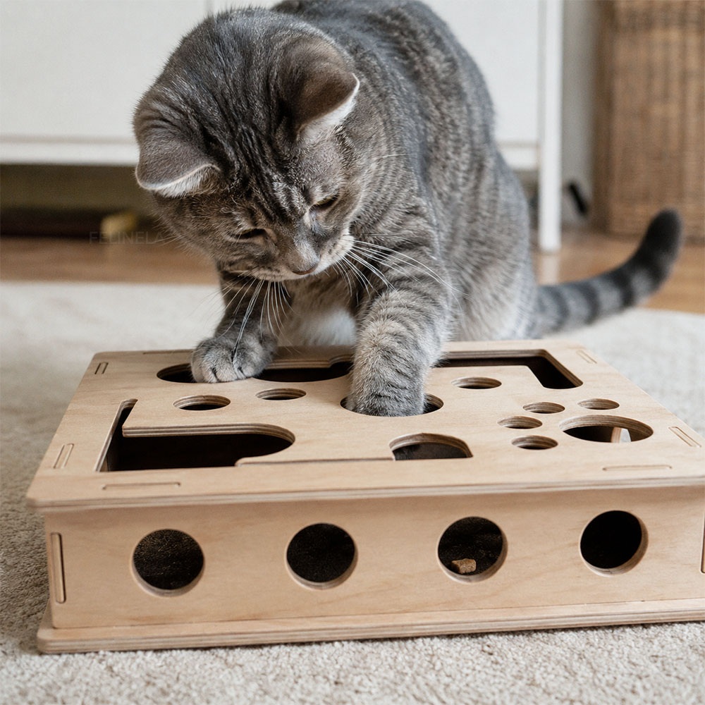 Eine graue Katze schaut durch eine Öffnung auf der Oberseite der Fummelbox und greift mit der Pfote hinein