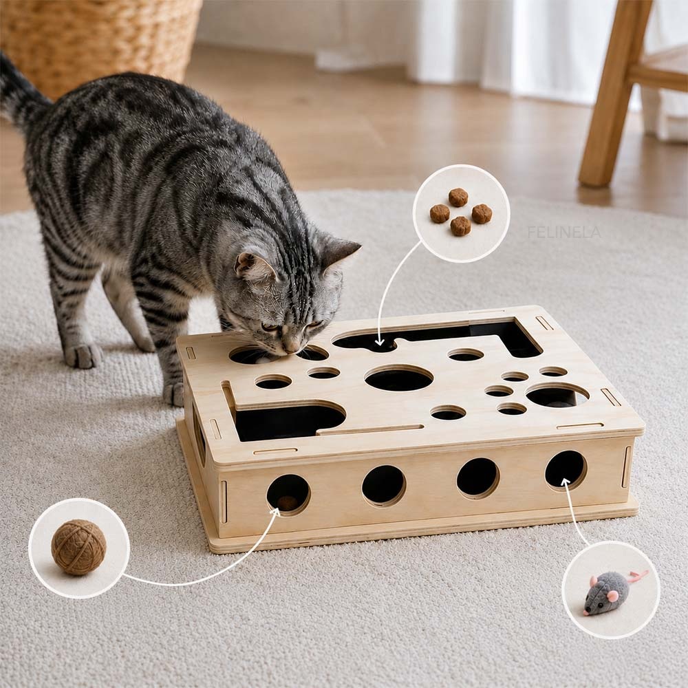 Eine Katze beschnuppert die Fummelbox; daneben sind Leckerlis, ein Bällchen und eine Spielzeugmaus zum Verstecken zu sehen