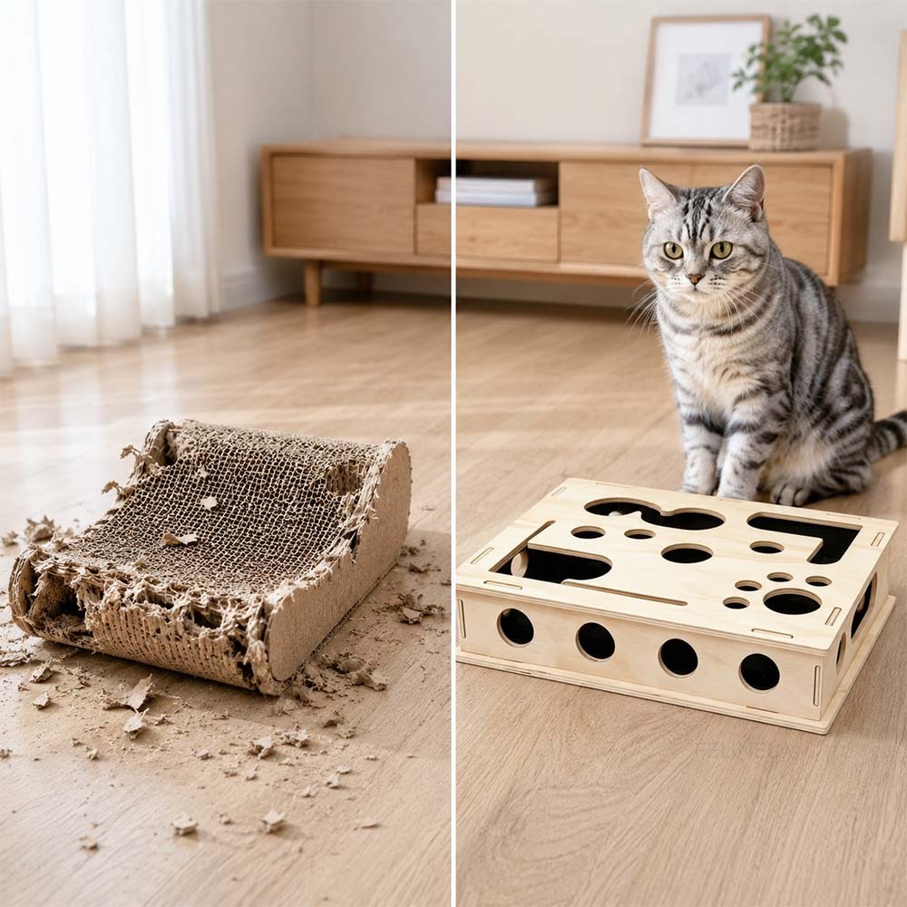 Ein abgenutztes Kratzbrett aus Pappe neben der Fummelbox aus Holz, bei der eine Katze sitzt