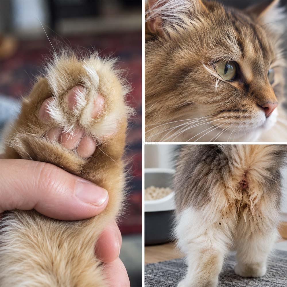 Collage: Katzenpfote mit verfilztem Fell, Katzenauge mit störenden Härchen und verschmutztes Fell am Po