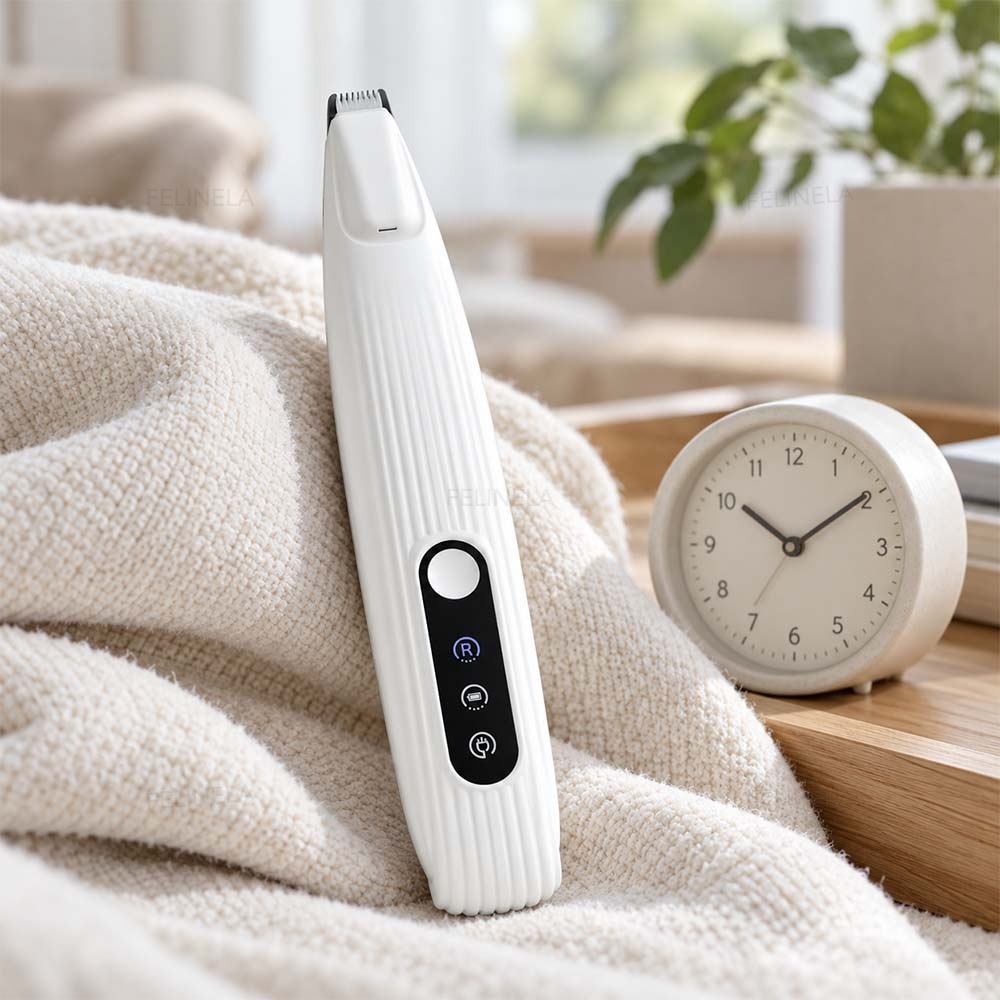 Felltrimmer auf einer Decke neben einer Uhr