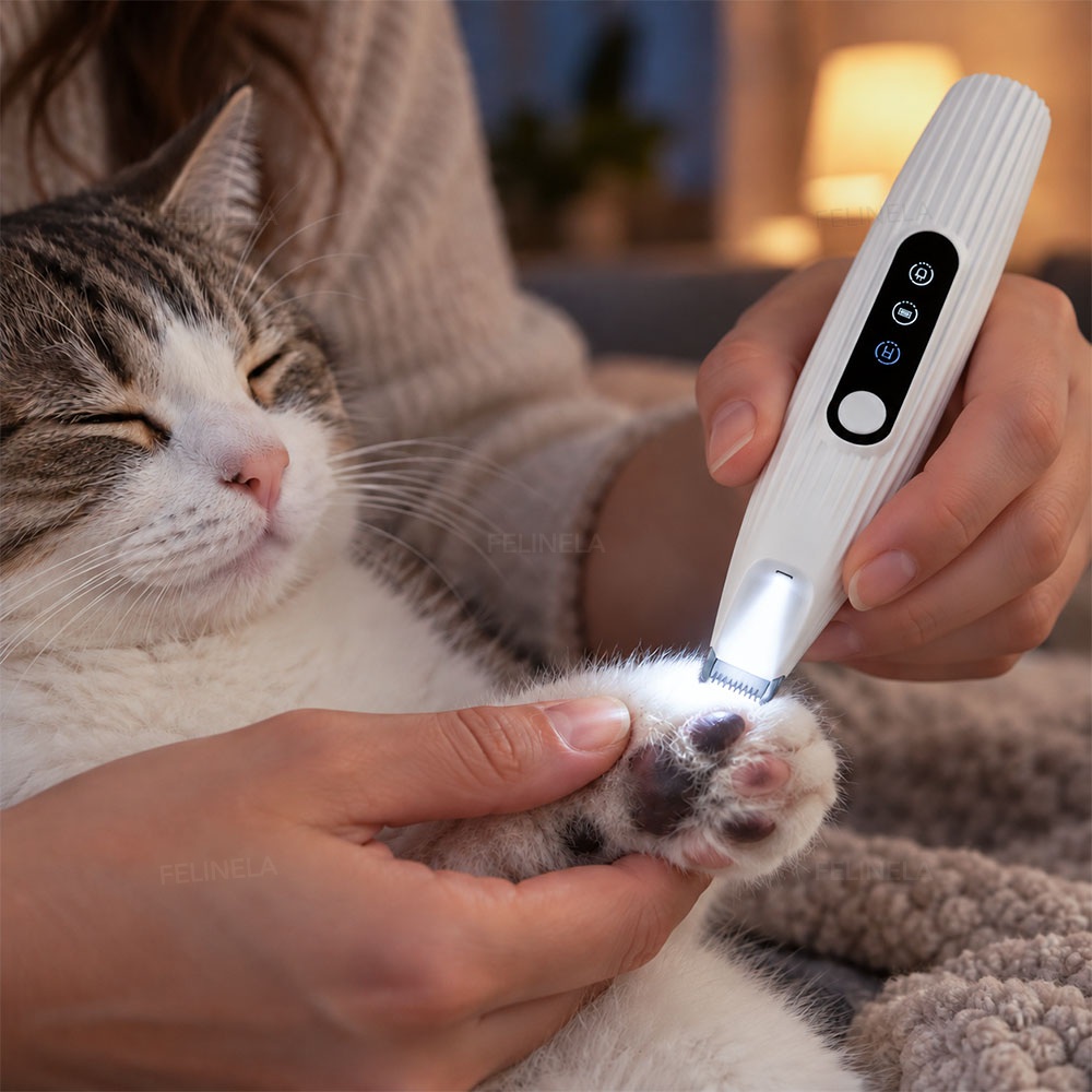 Felltrimmer mit eingeschalteter LED, die eine Katzenpfote beleuchtet