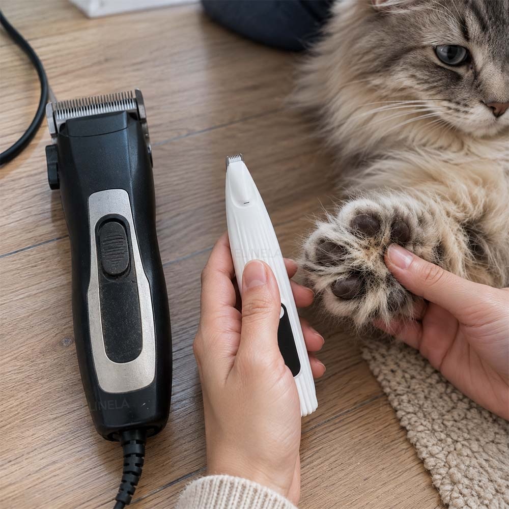 Große Schermaschine neben einem kleinen Felltrimmer, im Hintergrund eine Katzenpfote