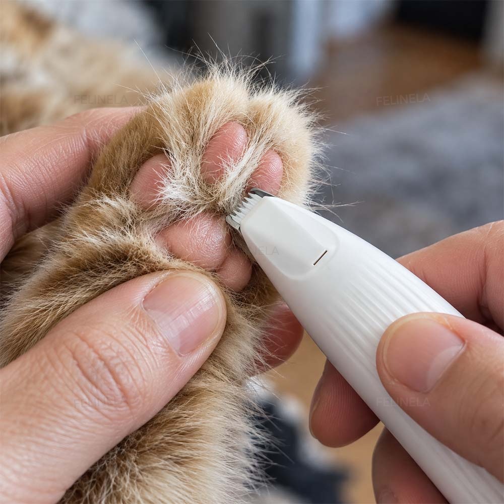 Felltrimmer beim Kürzen der Haare zwischen den Ballen einer Katzenpfote