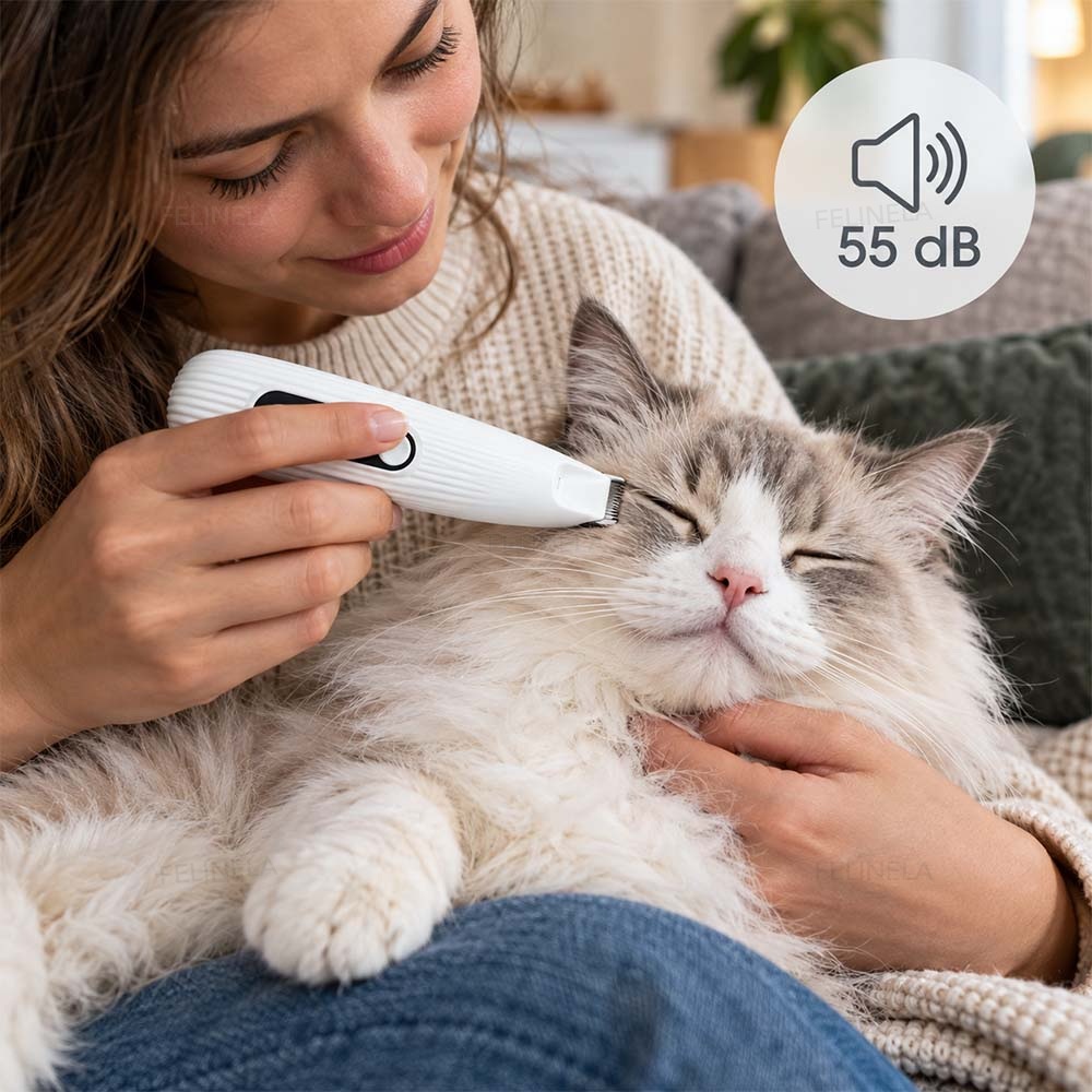 Frau kürzt das Fell an der Schnauze einer entspannten Katze, daneben ein Symbol mit der Angabe 55 dB