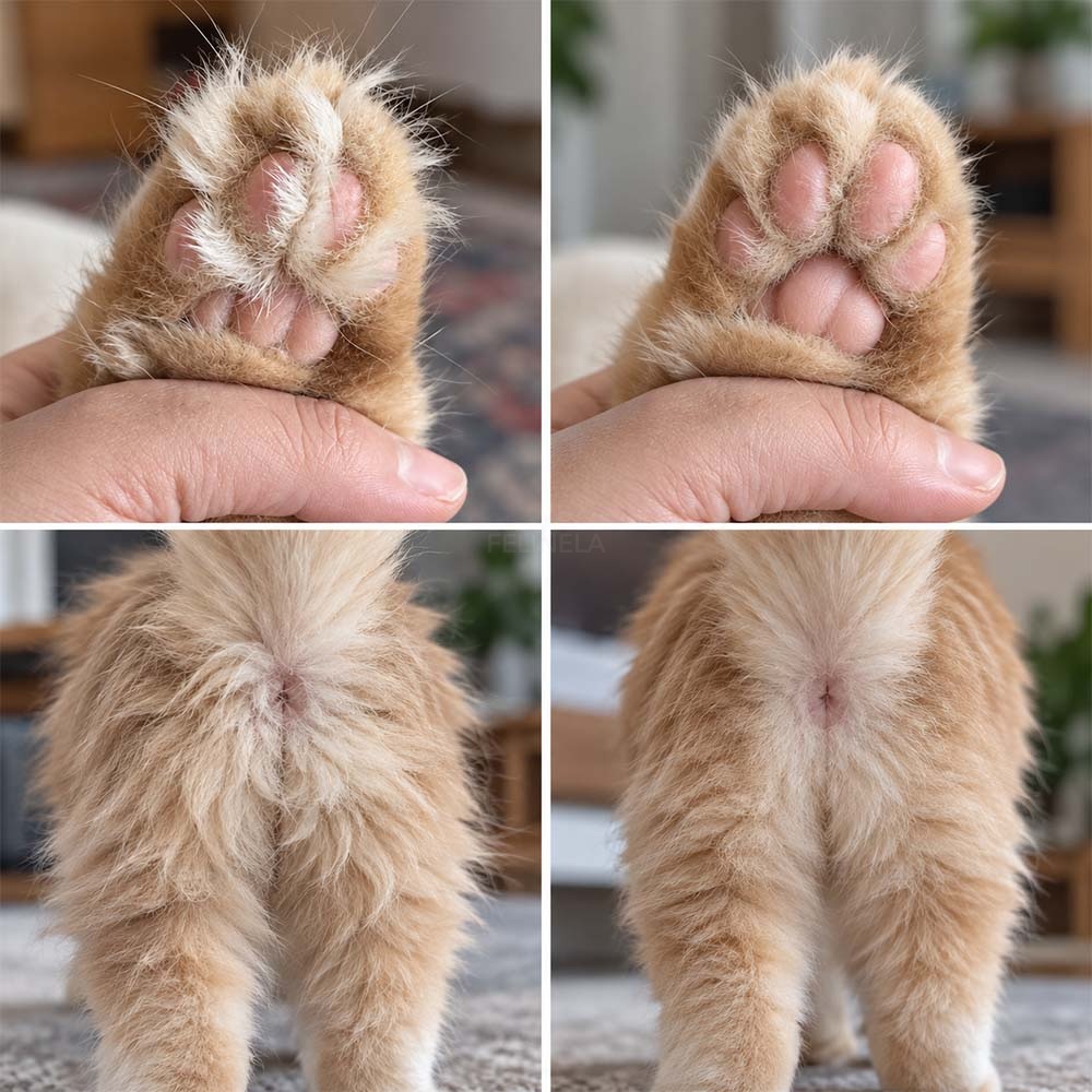 Vorher-nachher-Collage: Katzenpfote und Hinterteil mit längerem und gekürztem Fell