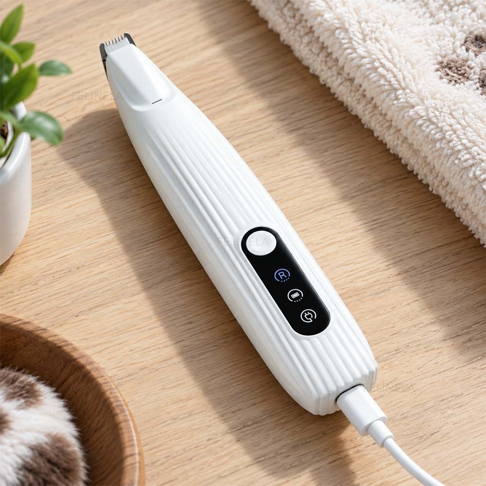 Felltrimmer mit angeschlossenem USB-C-Kabel auf einer Holzoberfläche