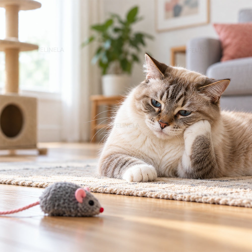 Eine gelangweilte Katze liegt neben einer grauen Plüschmaus auf dem Boden