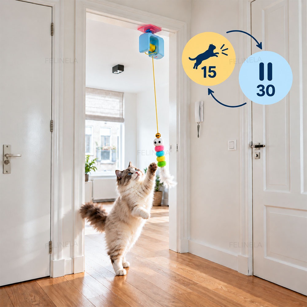 Eine Katze spielt mit der Raupe, daneben Symbole für 15 Minuten Spielzeit und 30 Minuten Pause