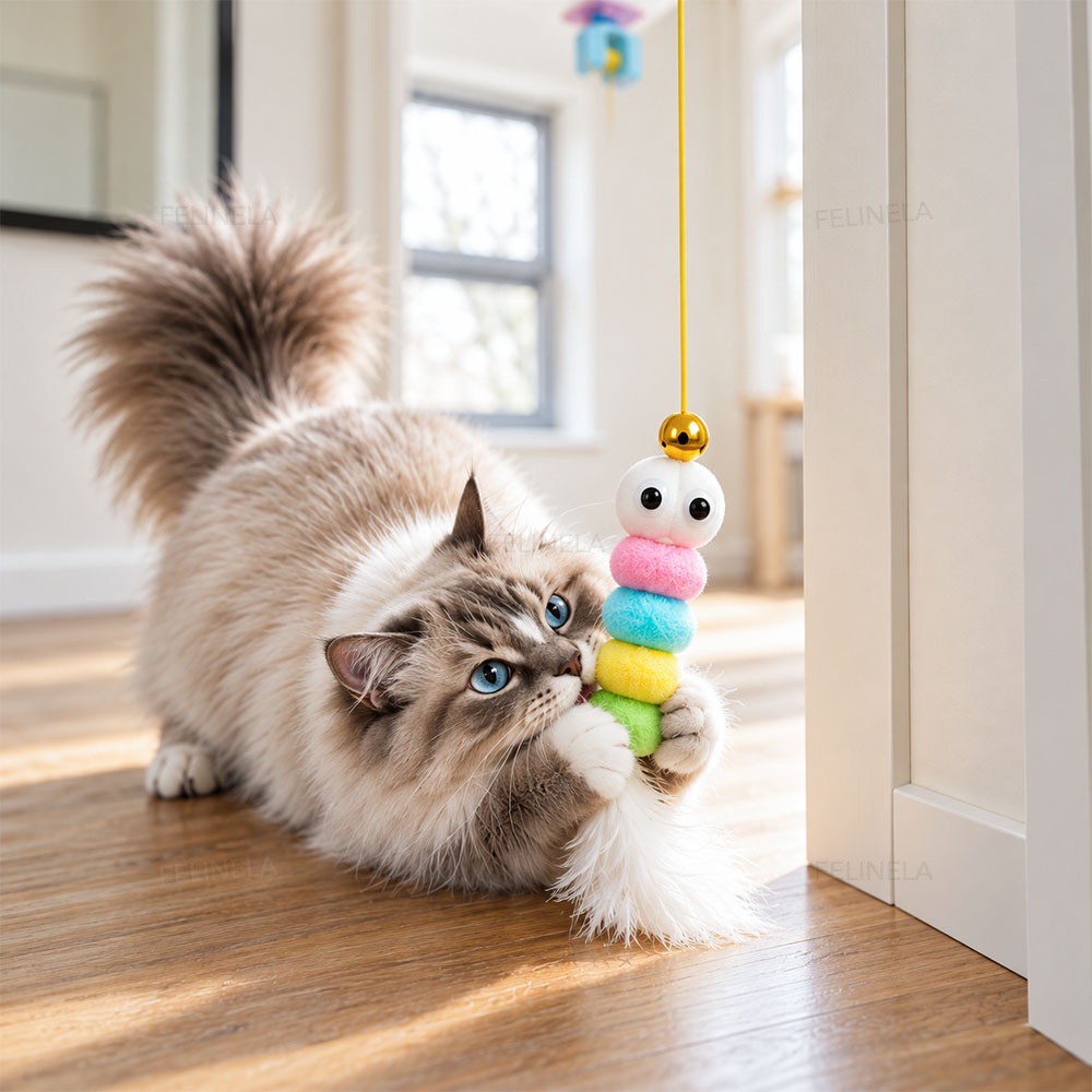 Eine Katze fängt die an der Schnur hängende Raupe mit den Pfoten