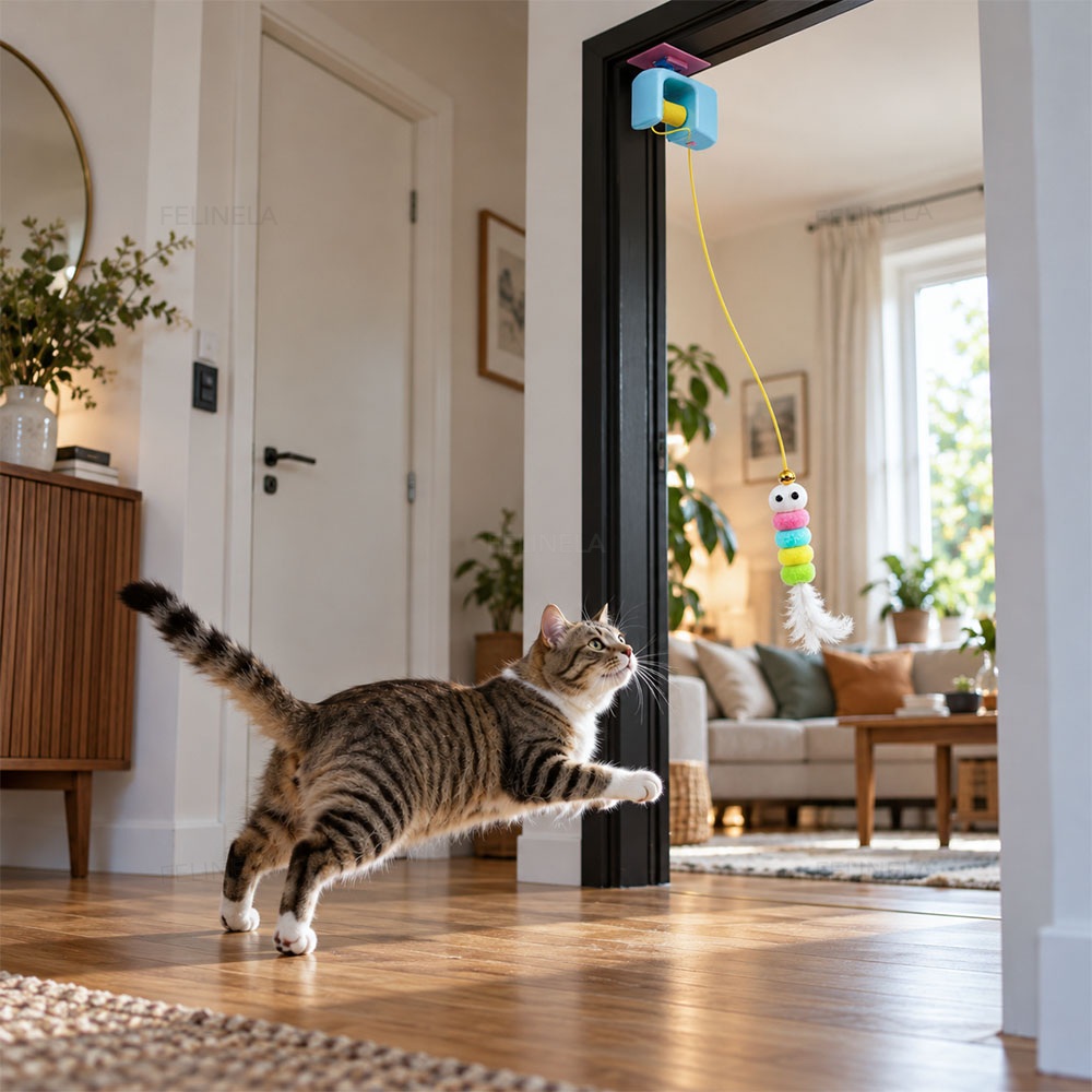 Eine Katze springt im Wohnzimmer nach der im Türrahmen aufgehängten Raupe