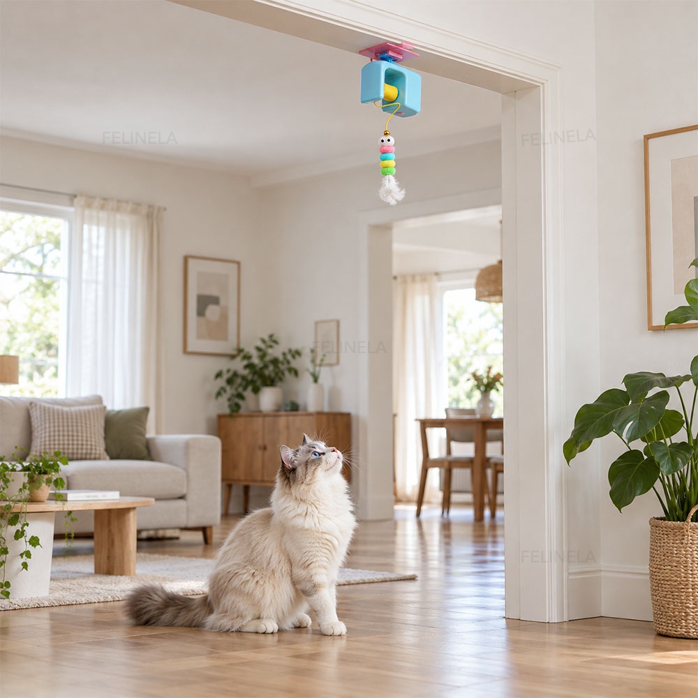 Eine Katze sitzt im Wohnzimmer und schaut zum Spielzeug am Türrahmen hinauf